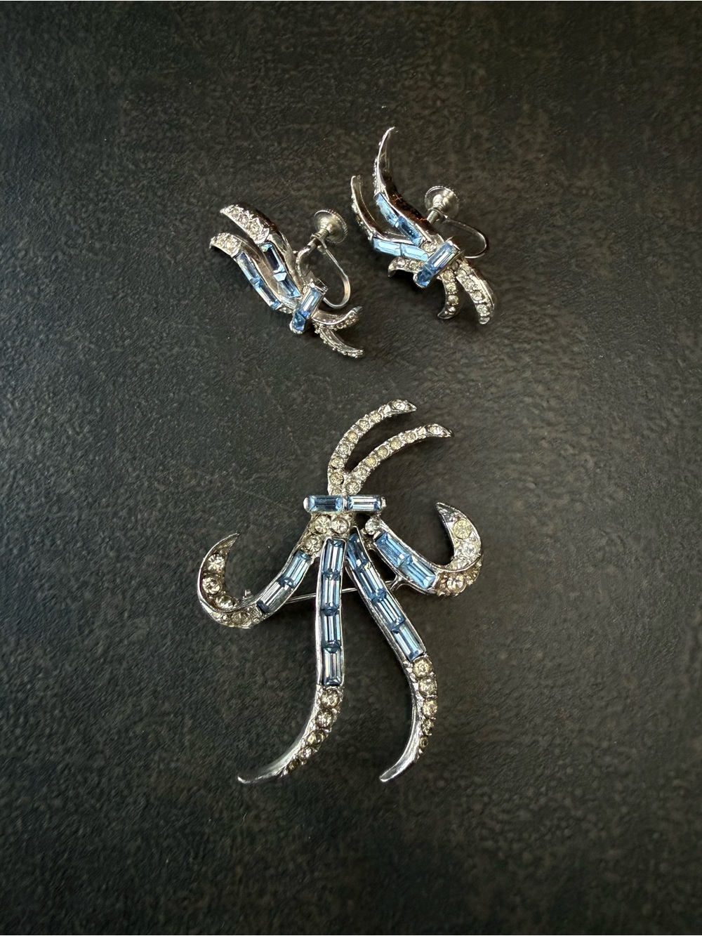 Vintage Silver-Tone Blue Rhinestone Baguette Flower Brooch & Earring Demi Parure